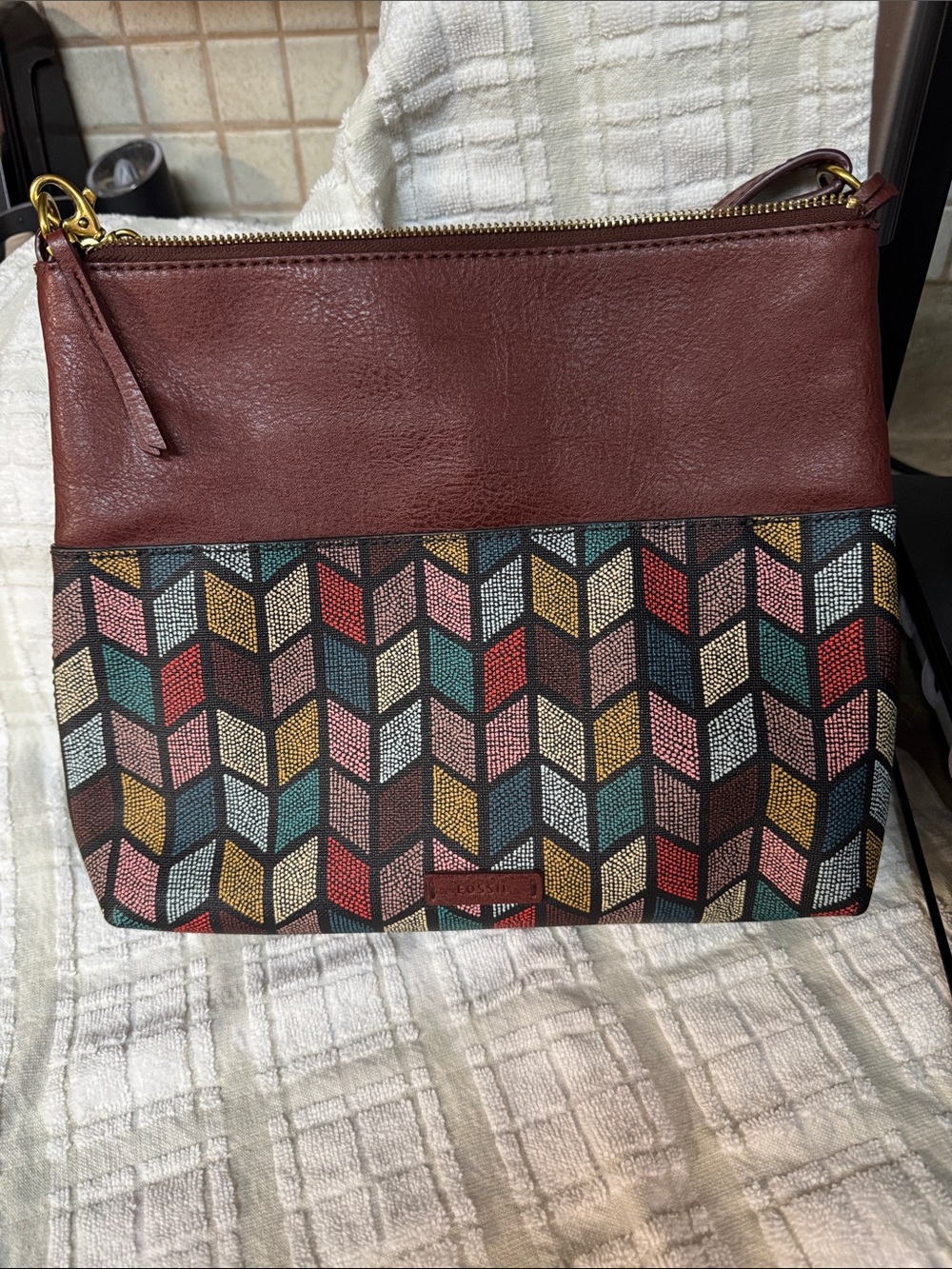 Fossil Maroon Top Multicolor Chevron Wristlet